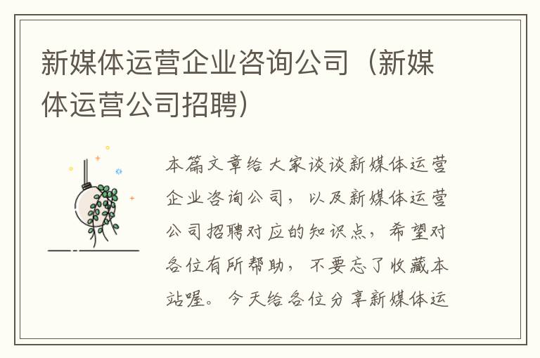 新媒体运营企业咨询公司（新媒体运营公司招聘）