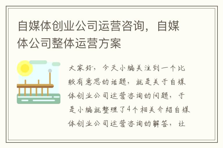 自媒体创业公司运营咨询，自媒体公司整体运营方案