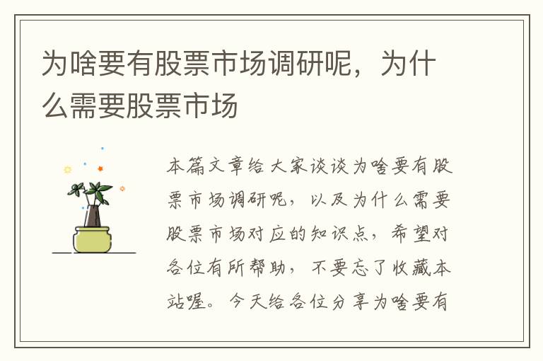 为啥要有股票市场调研呢，为什么需要股票市场