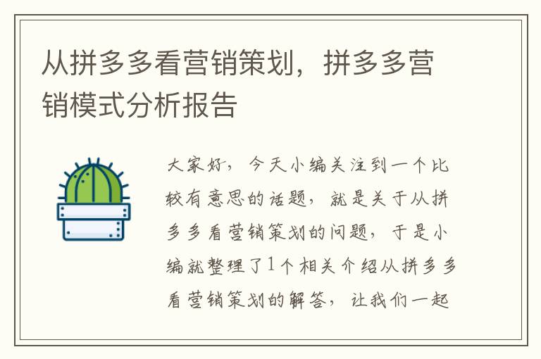 从拼多多看营销策划，拼多多营销模式分析报告