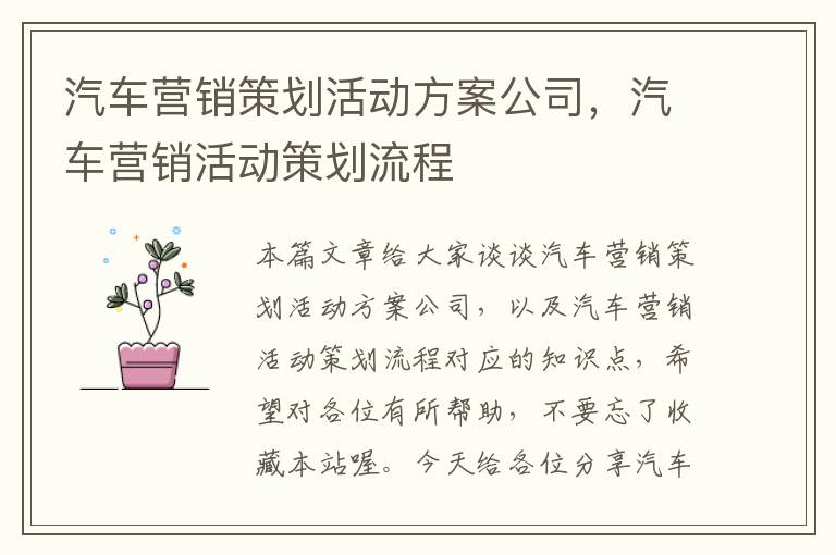 汽车营销策划活动方案公司，汽车营销活动策划流程