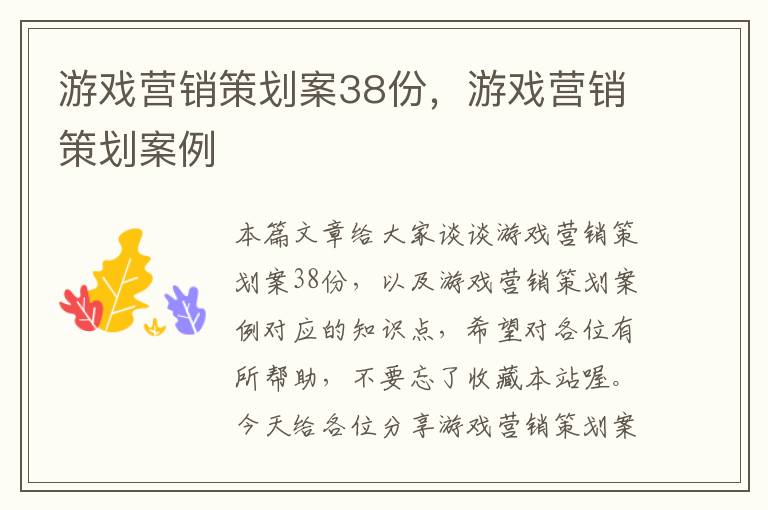 游戏营销策划案38份，游戏营销策划案例