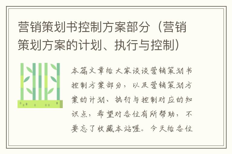 营销策划书控制方案部分（营销策划方案的计划、执行与控制）