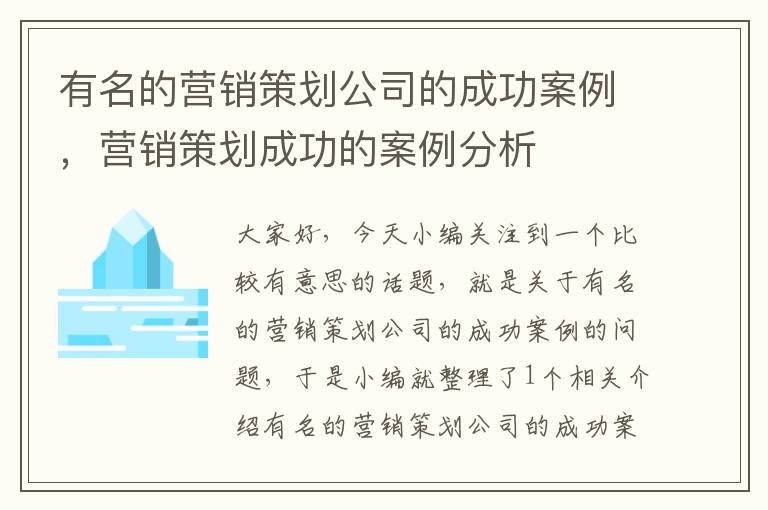 有名的营销策划公司的成功案例，营销策划成功的案例分析