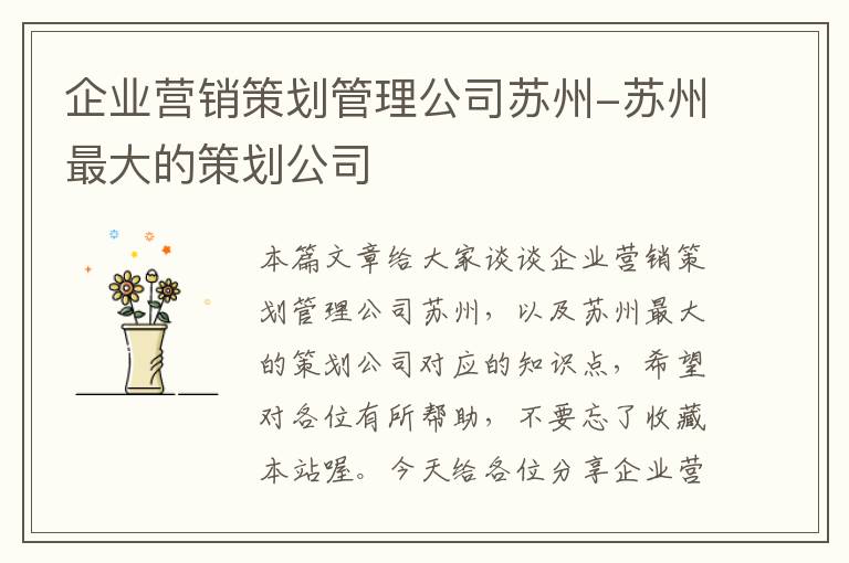 企业营销策划管理公司苏州-苏州最大的策划公司