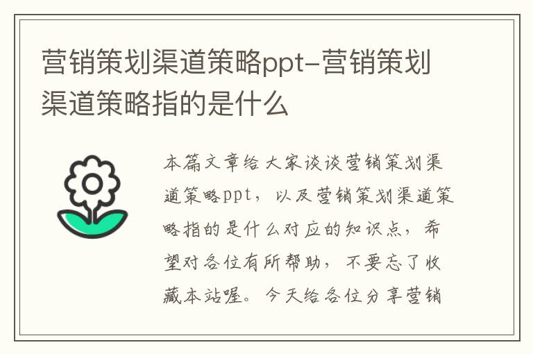 营销策划渠道策略ppt-营销策划渠道策略指的是什么