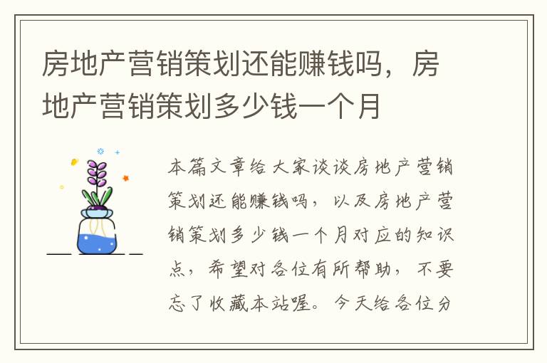 房地产营销策划还能赚钱吗，房地产营销策划多少钱一个月